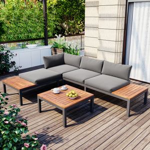 Merax Gartenmöbelset 4-teilig Loungeset Loungegruppe aus Akazienholz und Stahlrahmen, Balkonmöbel Set mit Tisch und Kissen, 250*172*67cm