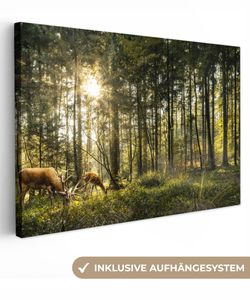 OneMillionCanvasses® - Leinwandbilder - 140x90 cm, Hirsche - Natur - Wald, Wandbilder Kunstdruck Wanddekoration