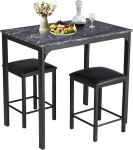 COSTWAY 3 teiliges Esstisch Set, Bartisch Set mit 2 Barhockern, Essgruppe mit gepolsterten Stühlen, Küchentisch Stehtisch mit Metallgestell für Esszimmer Wohnzimmer, 90 x 60 x 82 cm (Schwarz)