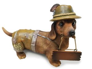 Deko Figur Dackel in Tracht 15 cm, Dekoration Tier Hund Lederhose Bayern Schild