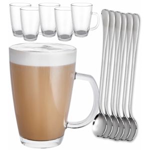 6er Latte Macchiato Gläser Set mit Henkel und Löffel - 300ml - Hält lange warm