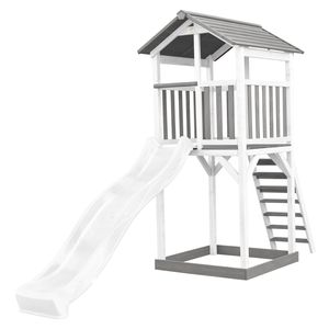 AXI Beach Tower Spielturm aus Holz in Weiß & Grau | Spielhaus für Kinder mit weißer Rutsche und Sandkasten | Stelzenhaus für den Garten