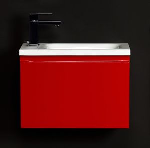 Quentis Gäste-WC Badmöbel FAROS 50, rot glänzend, Waschbeckenunterschrank mit Klapptüre, montiert.