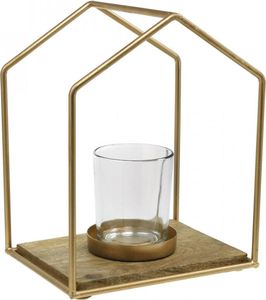 Windlicht Haus Metall Deko Teelicht Kerzenglas 20x16x26cm Tischdeko Gold Holz Glas