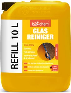 bio-chem Glasreiniger Hochglanzreiniger für streifenfreien Glanz | 10 Liter Kanister | Ideal für Glasflächen, Spiegel, Fenster, Autoscheiben, Küchenfronten und sonstige lackierte Oberflächen