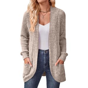 Damen Strickjacke Langarm Pullover Herbst Winter Sweater Strickcardigan mit Tasche Khaki,Größe:EU