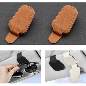 2er Set Brillenhalter für Auto Sonnenblende, Auto Sonnenbrillenhalterung,  Leder Sonnenbrillen Halterung für Auto Visier Zubehör, Ticket-Kartenclip(Braun)