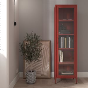 Vitrinenschrank Bücherschrank mit 4 Fachböden Vitrine Glitzernd Metall Rot