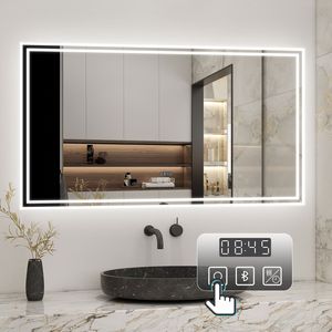 LED Spiegel mit Bluetooth 120×70cm Uhr Kalt/Neutral/Warmweiß dimmbar Memory Touch/Wandschalter Beschlagfrei Spiegel