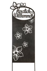 Metall Gartenstecker "Herzlich Willkommen" mit Blütenmotiv in dunkelbraun