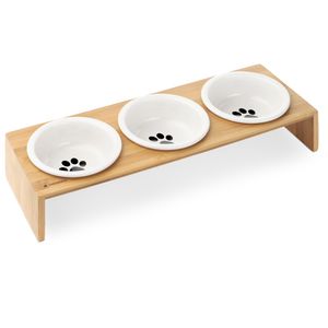 Navaris Futternapf Katze mit Bambus Halter - Futterstation Set Keramiknapf für Katzen Hunde - Keramik Fressnapf Set Futterbar mit Holz Halterung