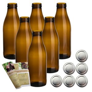 gouveo 6er Set Saftflasche 1000 ml Antik mit Schraub-Deckel silberfarben - Braune Glasflasche 1 Liter mit TO48 Verschluss - Leere Flasche zum Befüllen für Küche und Haushalt