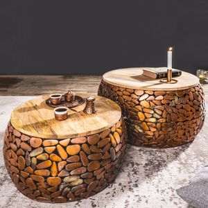 cagü: 2er Set Couchtische [RAVENNA] Kupfer aus Mangoholz mit Metallplättchen im Mosaik-Design handgefertigt 65cm/55cm Ø Rund