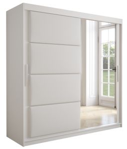 Kleiderschrank, Schiebetürenschrank Schlafzimmer, Schrank mit gepolsterten Paneelen TAPI 2 200 cm weiß / weißes Ökoleder