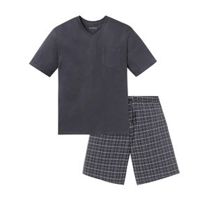 SCHIESSER Herren Schlafanzug Set - 2-tlg., Shorty, kurz, V-Ausschnitt, uni/Karo Grau XL