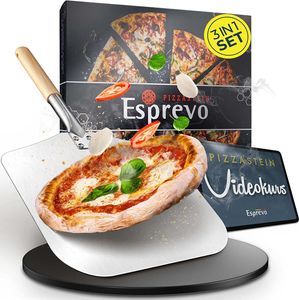 ESPREVO® Pizzastein rund für Gasgrill, Grill & Backofen | 3er Set mit Pizzaschieber & Videokurs, Schwarz, 33cm