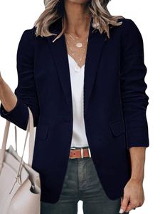 Damen Langarm Business Cardigan Jacken Blazer Casual Einfarbiger Longblazer mit Taschen Dunkelblau, Größe XL