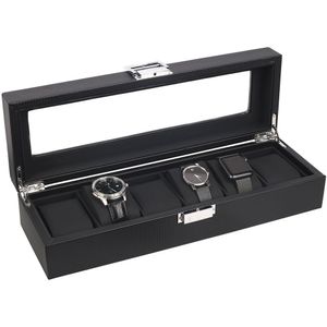 Uhrenbox 6 Slots Kohlefaser Uhren Aufbewahrungsbox mit Sichtfenster Uhrenschatulle Uhrenkoffer - 35×11,5×8cm