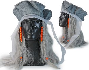 Hochwertige Fasching Piraten-Kostüm Geist Perücke mit Perlen Piraten-Hut Haare Grau