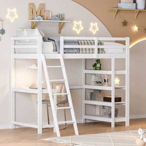 CDGlobal Hochbett mit Bücherregal und Stauraumtreppe für Kinder, Kinderbett mit Schreibtisch, inklusive Lattenrost, 90x200cm, Bettgestell, für Jungen und Mädchen