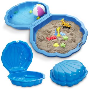 ONBEST Sandkasten 2in1 Sandmuschel mit Deckel | 100 kg | Kunststoff | Blau | ‎88 x 78 x 38 cm