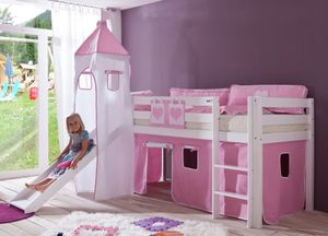 Hochbett ALEX Kinderbett mit Rutsche Spielbett Bett Weiß Stoffset Rosa/Weiß, Matratze:mit