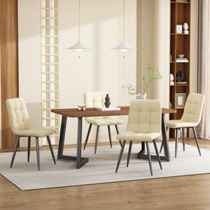 Flieks Esstisch mit 4 Esszimmerstühlen, Essgruppe Sitzgruppe 5-tlg, Tischgruppe mit 4 Stühlen, Rechteckig Esszimmertisch Walnussfarbe, Samt, Beige