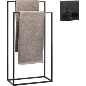 Smartpeas Freistehende Handtuchhalter für Badezimmer – Handtuchständer aus rostfreiem, pulverbeschichtetem Stahl – Schwarz – 2 Handtuchstangen – Plus: Klebehaken