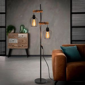 ZMH Vintage Stehlampe Wohnzimmer 2 flammige Holz Retro Standleuchte im Industrial Design aus Metall und Holz  Schwarz  E27 - ohne Leuchtmittel