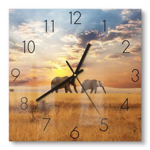 DEQORI Glasuhr 30x30 cm Zahlen 'Elefanten in der Steppe' Wanduhr Glas Uhr Design leise