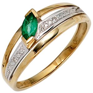 Gr. 62 Damen Ring 585 Gold Gelbgold bicolor 1 Smaragd grün 2 Diamanten Smaragdring