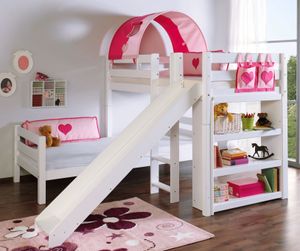 Etagenbett mit Rutsche BENI L Kinderbett Spielbett Bett Weiß Stoff Pink/Herz