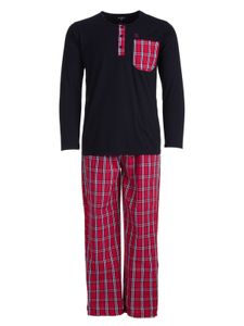 Herren Pyjama langarm Set Baumwolle mit Knopfleiste und langer karierter Hose , Farbe:Schwarz, Größe:XL