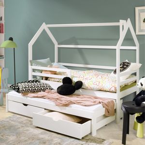 Hausbett Kinderbett 90x200 cm mit Ausziehbett Bett mit 2 Schubladen, Lattenrost und Raufallschutz, Einzelbett Spielbett mit Dach | weiß Holz massiv