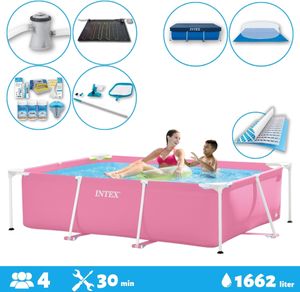 Intex-Schwimmbecken mit rechteckigem Rahmen – 220 x 150 x 60 cm – Rosa – im Lieferumfang enthalten Abdeckung - Bodenplane - Filterpumpe für Schwimmbad - Solarmatte - Wartungspaket - Reinigungskit