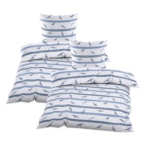 Seersucker Bettwäsche 4 tlg. 135 x 200 mit Reißverschluss Bettgarnitur Sommerbettwäsche Weiß Blau Maritim Vögel