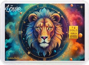 Grußkarte Sternzeichen Löwe Gold 1g 1 Gramm Motivbox  - Geschenk + Echtheitszertifikat