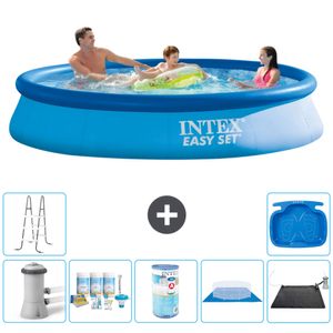 Intex runder aufblasbarer Easy Set-Schwimmpool – 366 x 76 cm – Blau – inklusive Pumpe Wartungspaket - Filter - Bodenplane - Solarmatte - Leiter - Fußbad