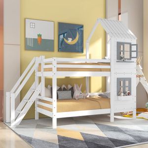 Flieks Etagenbett mit Fallschutz und Leiter und Lattenrost Hausbett Kinderbett Kiefer Holzbett 90x200cm
