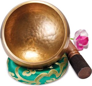 Große Tibetische Klangschale 13cm Original Tibetisches Klangschalen Set Klangschalenset mit Klöppel und Klangschalenkissen Tibet Singing Bowl (Klangschalenkissen Zufällige Farbe)