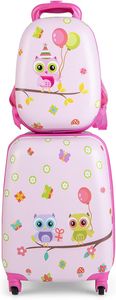 COSTWAY 2ks dětský kufr + batoh, plastový dětský vozík, dětské zavazadlo, sada dětských kufrů Příruční zavazadlo Hard Shell Suitcase pro chlapce a dívky (Pink Birdie, 12"+16")