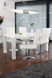 SalesFever Essgruppe 5-tlg. | 160 x 90 cm | 1x Tisch Hochglanz | 4x Drehstuhl Kunstleder + Gestell Metall | weiß-chrom