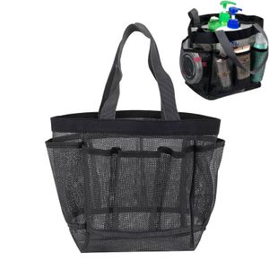 Tragbarer Duschkorb aus Netzstoff, Duschtasche mit 8 Taschen und Tragegriff, Mesh Strandtasche Waschtasche Organizer Hängetasche für Reisen Wohnheim, Grau