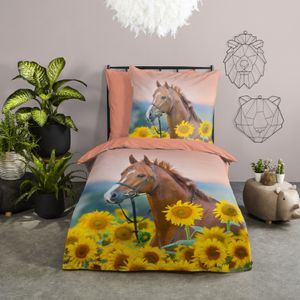 Pferde Sonnenblumen Bettwäsche 80x80 + 135x200 cm · Mädchen-Bettwäsche mit Pferdemotiv - 100% Baumwolle in Renforcé