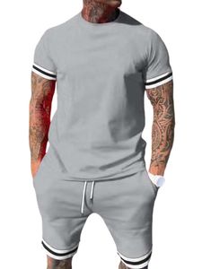 Herren Trainingsanzüge Rundhals T-Shirts+Shorts Outfit Sommer Fitness Freizeitanzug Hell Grau,Größe XL