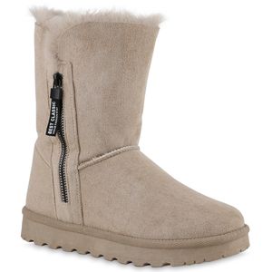 VAN HILL Damen Warm Gefütterte Winter Boots Stiefeletten Kunstfell Schuhe 839666, Farbe: Beige, Größe: 39