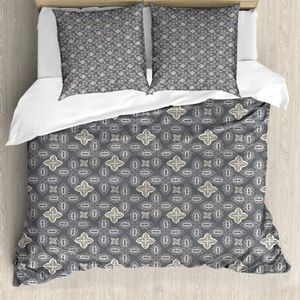 ABAKUHAUS Abstrakt Bettbezug Set für Einzelbetten, Zier Formen Bohemian, Milbensicher Allergiker geeignet mit Kissenbezug, 155 cm x 220 cm - 80 x 80 cm, Champagne schwachgrau