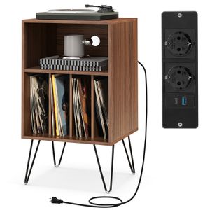 Stojan na gramofón COSTWAY, 3-úrovňový stojan na gramofón s nabíjacou stanicou, stolík na uloženie vinylových platní s policou orech