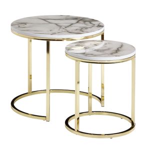 WOHNLING Design Beistelltisch 2er Set Weiß Marmor Optik Rund | Couchtisch 2 teilig Tischgestell Metall Gold | Kleine Wohnzimmertische | Moderne Satztische