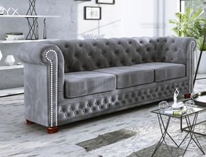 S-STYLE MÖBEL - Chesterfield Jutta Sofa 3-Sitzer aus Grau Samt-Stoff mit Holzfüßen, B/T/H: 203 cm/ 86 cm/ 72 cm